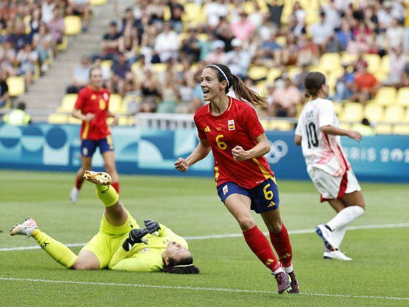 Aitana Bonmati celebrates after scoring for Spain in their comeback win over Japan at the Olympics. Photo: AP PHOTO