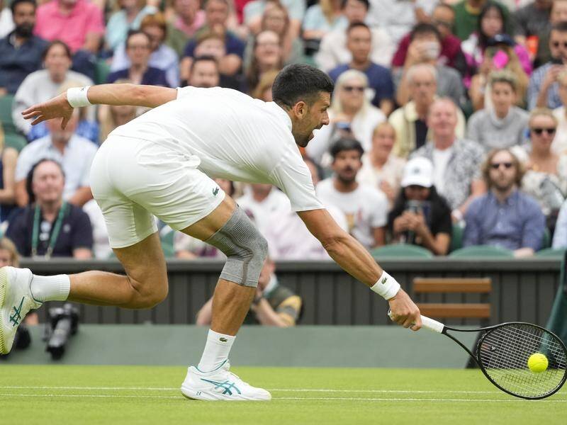 The strapping on Novak Djokovic's knee was evident during his win over Vit Kopriva at Wimbledon. (AP PHOTO)