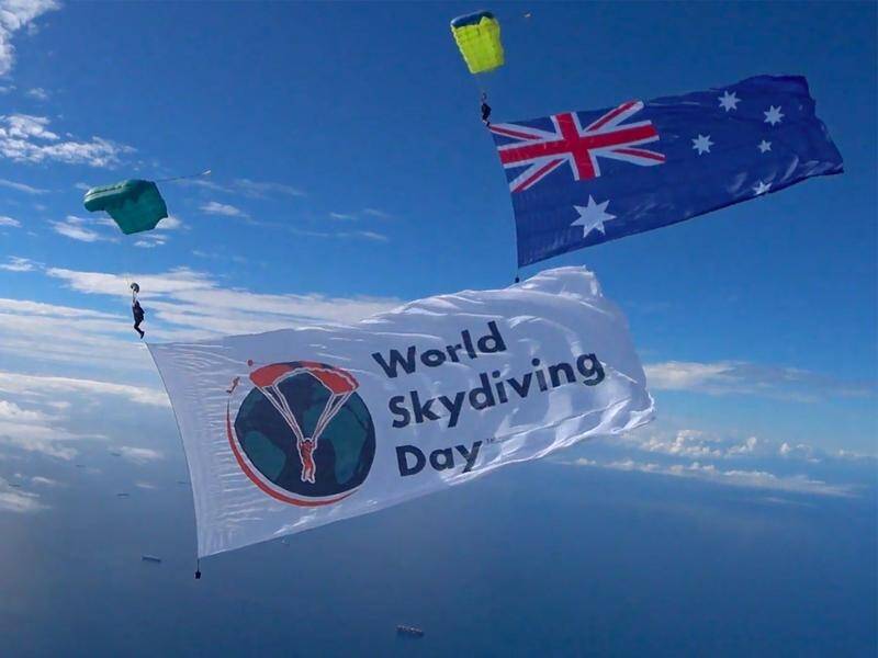 Skydivers jump over Langhorne Creek in South Australia for World Skydiving Day. (HANDOUT/AUSTRALIAN PARACHUTE FEDERATION)