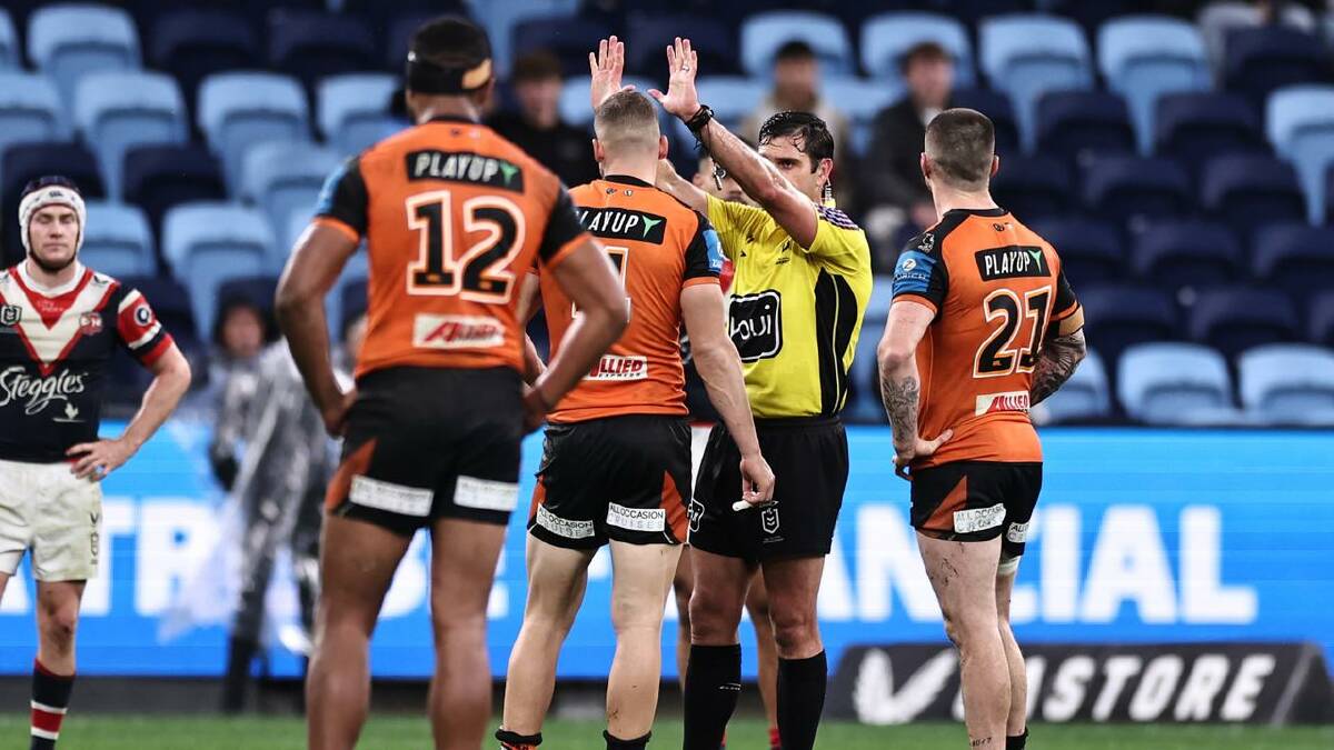 Adam Doueihi is sin-binned during a recent Tigers game against the Roosters. (Mark Evans/AAP PHOTOS)