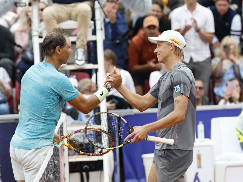 Rafael Nadal and Leo Borg shake hands after the Spaniard's win in their match in Sweden. Photo: EPA PHOTO