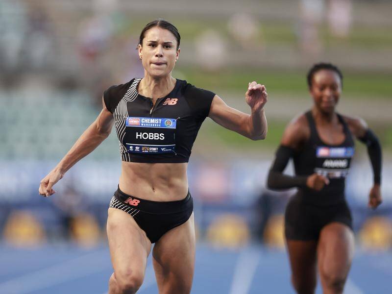 Kiwi Zoe Hobbs wins the women's 100 metres at the Sydney Track Classic athletics event. (Mark Evans/AAP PHOTOS)