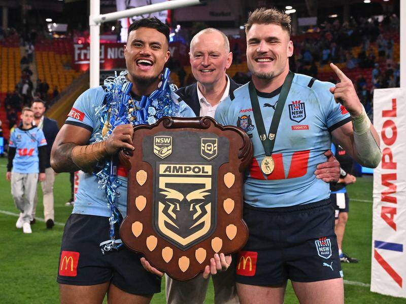 Player of the series Angus Crichton (r) enjoyed the NSW Origin victory celebrations. Photo: Dave Hunt/AAP PHOTOS