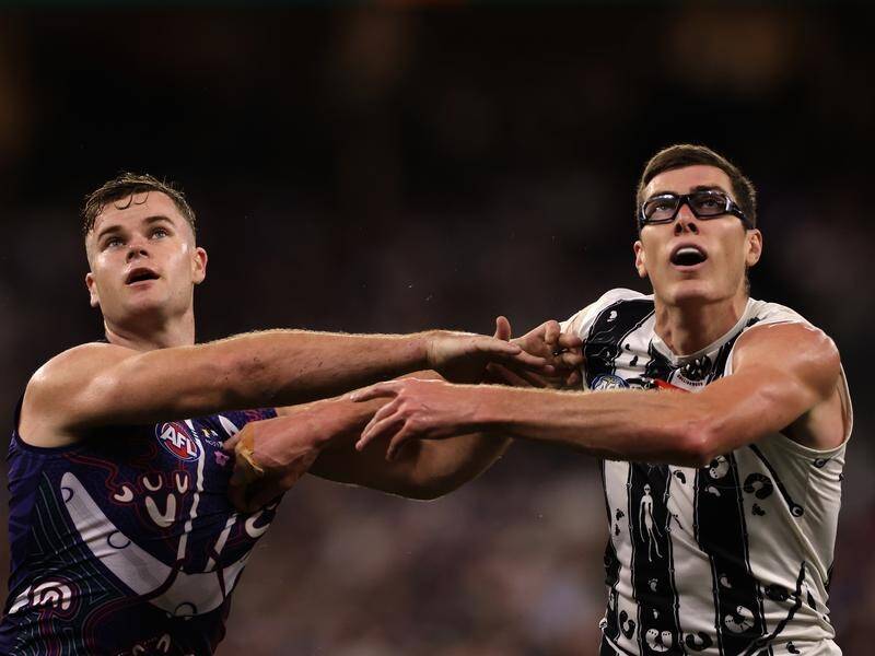 Sean Darcy and Mason Cox duelling in the 75-75 draw between the Dockers and the Magpies in Perth. (Richard Wainwright/AAP PHOTOS)