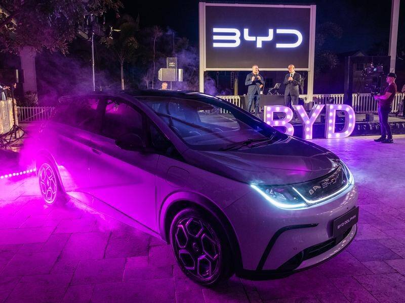 EV Direct chief executive Luke Todd launches the BYD Dolphin electric car on the Gold Coast. (Jennifer Dudley-Nicholson/AAP PHOTOS)