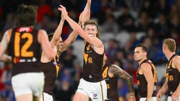 Hawthorn claimed their second win of the season with a seven-point defeat of the troubled Bulldogs. (Morgan Hancock/AAP PHOTOS)