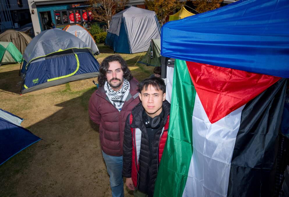 Nick Reich (left) and Evan Meneses at the ANU pro-Palestine protest encampment. Picture by Sitthixay Ditthavong
