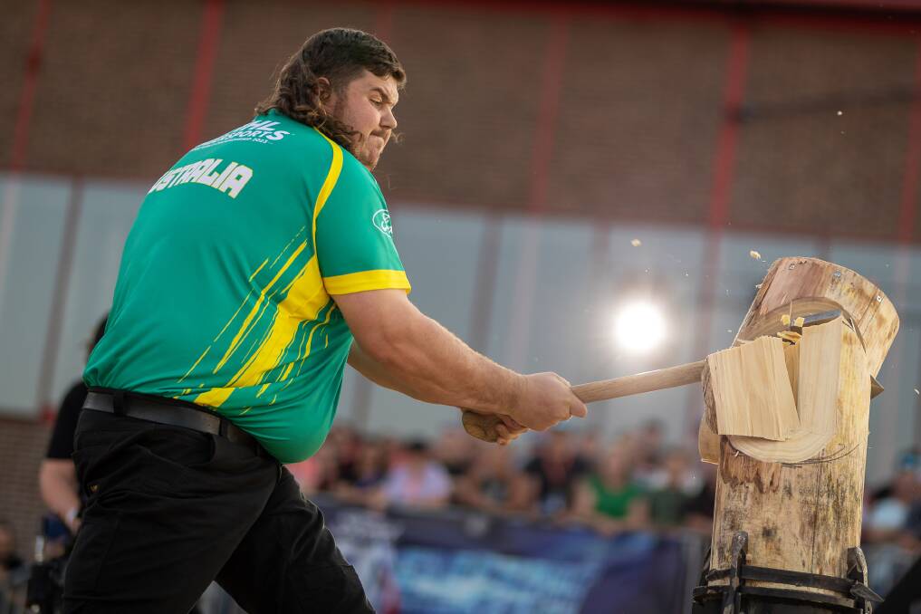 Curtis Bennett in action during the Stihl Timbersports Rookie World Championship. Picture supplied. 