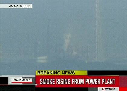 News footage by Japanese public broadcaster NHK shows white smoke rising from the Fukushima No. 1 nuclear power station number three reactor after what reports described as a hydrogen explosion.