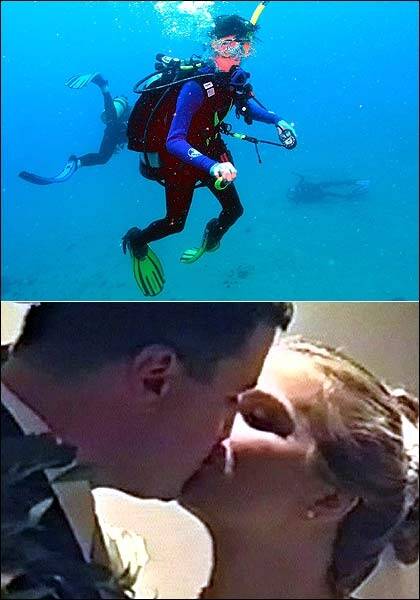 Died at sea ... Tina Watson (on the right of the top image) is seen lying on the sea floor as an instructor goes to her rescue obscured by an unidentified diver.  Bottom, David Watson kisses his wife on their wedding day. Photo: Queensland Police and Channel Ten