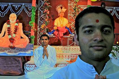 Growing faith... Arpit Patel, 25, left, and Keval Vala, 23, at the BAPS Shree Swaminarayan Mandir temple in Parramatta where they practise the Hindu faith.