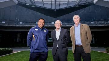 Brumbies captain Allan Alaalatoa, Canberra Airport chief executive Stephen Byron and Brumbies boss Phil Thomson. Picture by Sitthixay Ditthavong