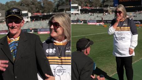 Richard Hare and Penny George got engaged at Canberra Stadium. Pictures supplied